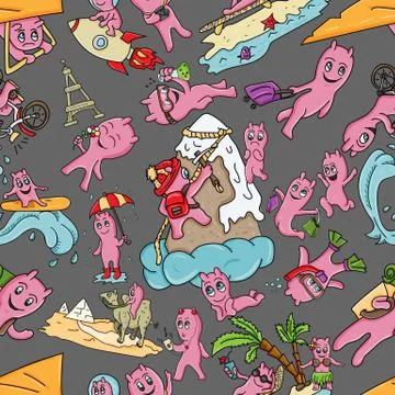 Seamless pattern 3 illustration of funny Doodle little men in Chibi style wit Stock Illustration