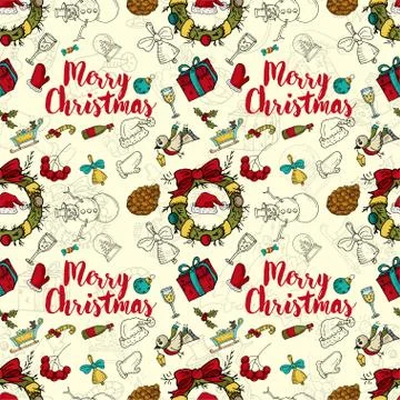 Seamless pattern 3 New year Christmas color and contour illustration baby Doo Stock Illustration