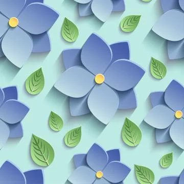 Seamless pattern with 3d blue flowers and leaves Stock Illustration