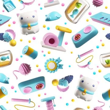 Seamless pattern with 3D cute cat, feed bowl, cat house cage, fish in aquarium Stock Illustration