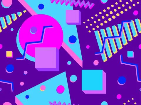 Seamless pattern with 3d geometric shapes in the style of the 80s. Background Stock Illustration