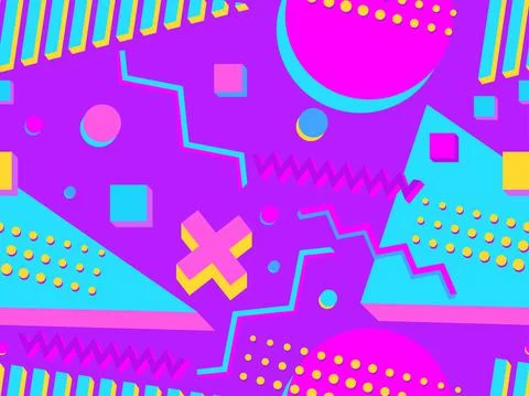 Seamless pattern with 3d geometric shapes in the style of the 80s. Background Stock Illustration