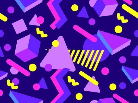 Seamless pattern with 3d geometric shapes in 80s memphis style. Colorful ba.. Stock Illustration