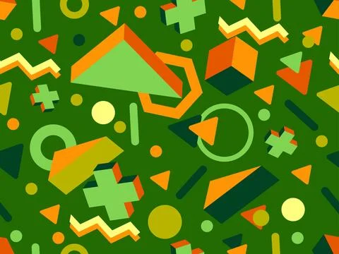 Seamless pattern with 3d geometric shapes in 80s memphis style. Colorful ba.. Stock Illustration