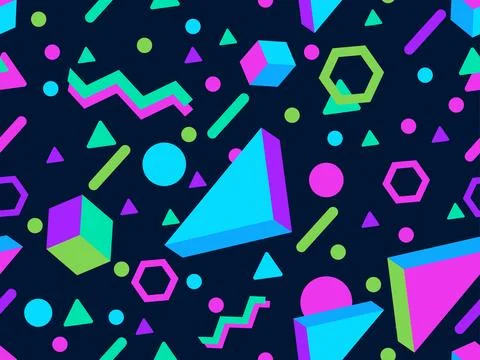 Seamless pattern with 3d geometric shapes in 80s memphis style. Colorful ba.. Stock-Illustration