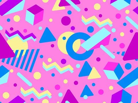 Seamless pattern with 3d geometric shapes in 80s memphis style. Colorful ba.. Illustrazione stock