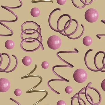 Seamless pattern 3d graphics Geometric shapes spirals and balls Pink and gold Stock Illustration