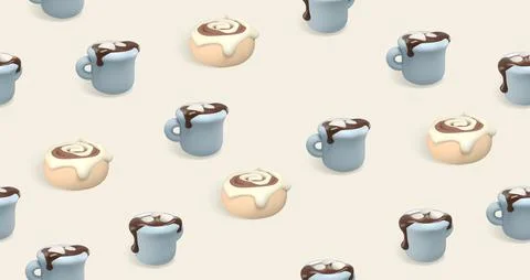 Seamless pattern with 3D hot chocolate mugs and cinnamon rolls Illustrazione stock