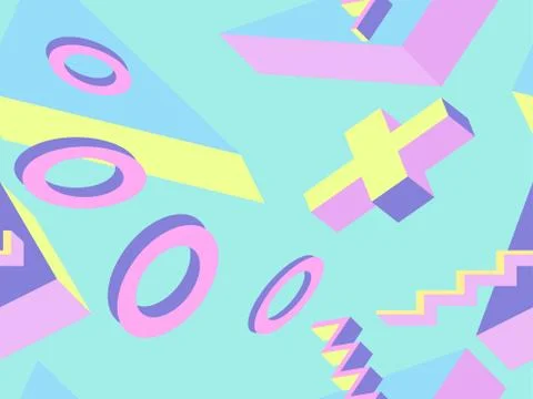 Seamless pattern 3d isometric geometric shapes in memphis style 80s. Backgrou Stock Illustration