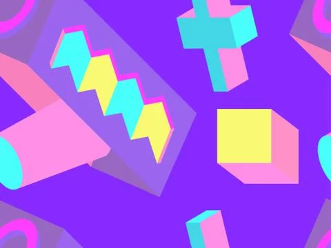 Seamless pattern 3d isometric geometric shapes in memphis style 80s. Backgrou Illustrazione stock