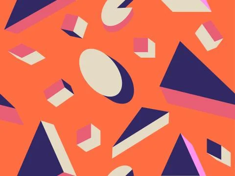 Seamless pattern 3d isometric geometric shapes in memphis style 80s. Backgrou Stock Illustration