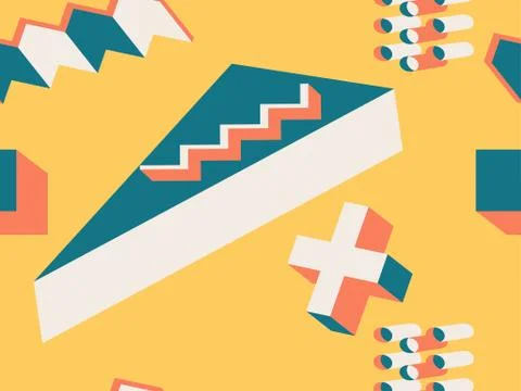 Seamless pattern 3d isometric geometric shapes in memphis style 80s. Backgrou Stock Illustration
