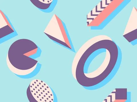 Seamless pattern 3d isometric geometric shapes in memphis style 80s. Backgrou Stock Illustration