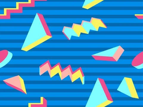 Seamless pattern 3d isometric geometric shapes in memphis style 80s. Backgrou Stock Illustration