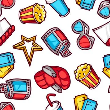 Seamless pattern of 3d movie elements and cinema objects in cartoon style Stock Illustration