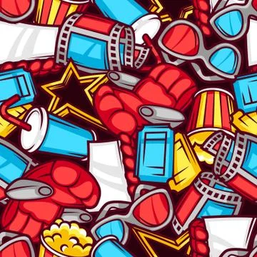 Seamless pattern of 3d movie elements and cinema objects in cartoon style Stockillustratie
