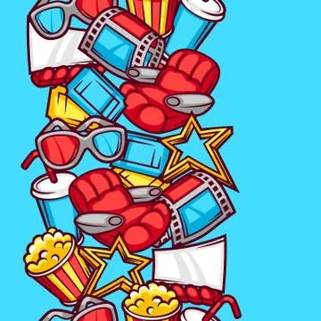 Seamless pattern of 3d movie elements and cinema objects in cartoon style Stockillustratie