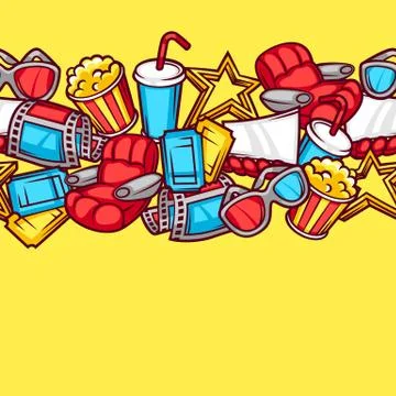 Seamless pattern of 3d movie elements and cinema objects in cartoon style Stock Illustration