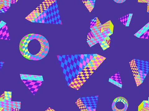 Seamless pattern with 3d objects with an abstract checkered pattern in 90s st Stock Illustration