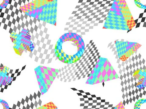 Seamless pattern with 3d objects with an abstract checkered pattern in 90s st Illustrazione stock