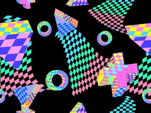 Seamless pattern with 3d objects with an abstract checkered pattern in 90s .. 库存插图