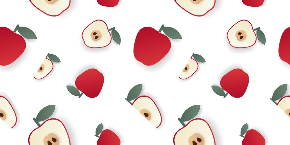Seamless pattern 3d papercut apple sliced cutout pome fruit. Stock Illustration