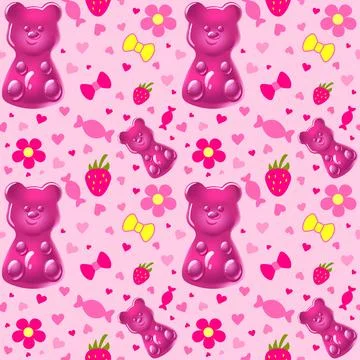 Seamless pattern with 3D pink gummy bear and sweet candies Illustrazione stock