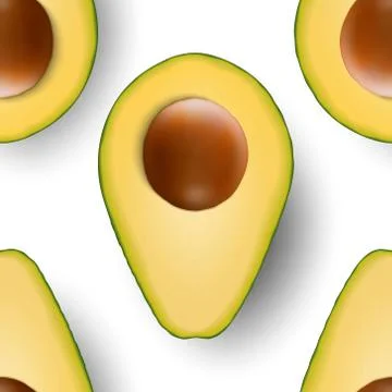 Seamless Pattern with 3d Realistic Cut Half Avocado with Seed Closeup on White Stock Illustration