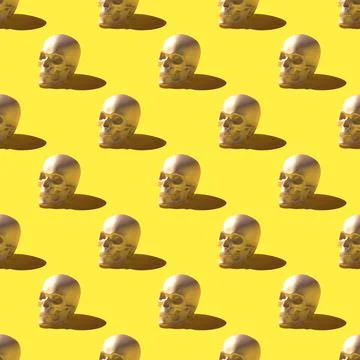 Seamless pattern of 3D render skulls over bright yellow background Stock Illustration