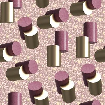 Seamless Pattern 3d Shapes Cylinders Textures Pink Fabric Gold Metal Stock Illustration
