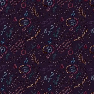 Seamless pattern 4 consisting of wavy lines, doodles, dots and spots of diffe Stock Illustration