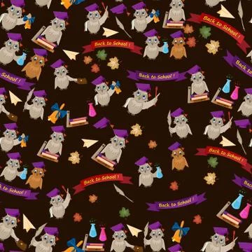 Seamless pattern 4 flat illustration on school theme, bird owl holding a vari Stock Illustration