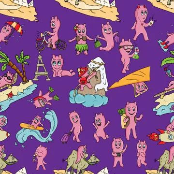 Seamless pattern 4 illustration of funny Doodle little men in Chibi style wit Stock Illustration