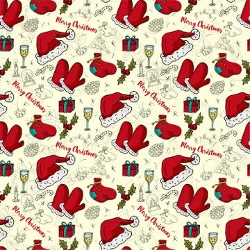 Seamless pattern 4 New year Christmas color and contour illustration baby Doo Stock Illustration