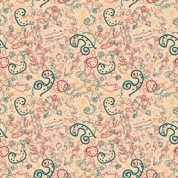 Seamless pattern 5 consisting of wavy lines, doodles, dots and spots of diffe Illustrazione stock