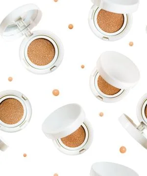 Seamless pattern of 5 Foundation cushion powder with various open lids. Cosmetic Stock Photos