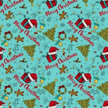Seamless pattern 5 New year Christmas color and contour illustration baby Doo Stock Illustration