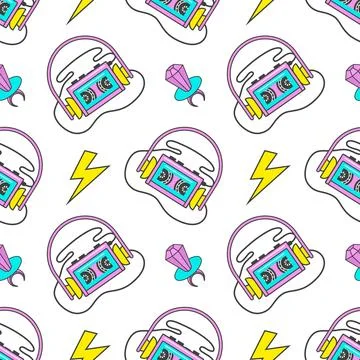 Seamless pattern with 90s elements. Cassette player with headphones from the 90s Stock Illustration