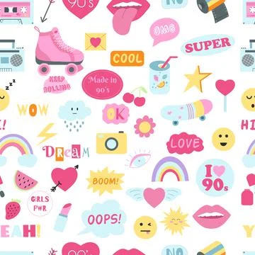 Seamless pattern with 90s girly stickers. Vector illustration of hand drawn c Stock Illustration