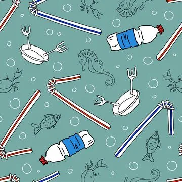 Seamless pattern about ocean pollution with plastic. Stock Illustration
