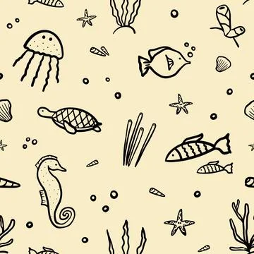 Seamless pattern about sea world, hand drawn elements, doodle Illustrazione stock