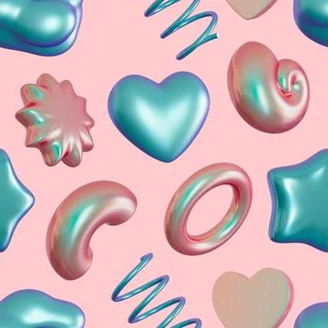 Seamless pattern with abstract 3D shapes on pink background. Colorful design for Illustrazione stock