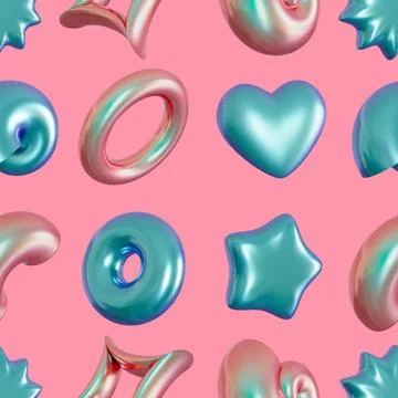 Seamless pattern with abstract 3D shapes on pink background. Colorful design for Stockillustratie