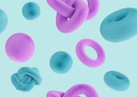 Seamless pattern with abstract 3D shapes on blue background. Colorful, playful Stock Illustration