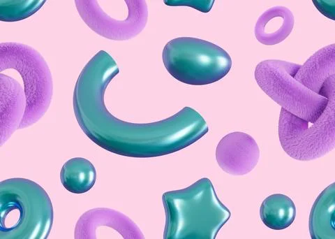 Seamless pattern with abstract 3D shapes on purple background. Colorful design Stock Illustration