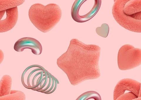 Seamless pattern with abstract 3D shapes on pink background. Colorful, playful Stock Illustration