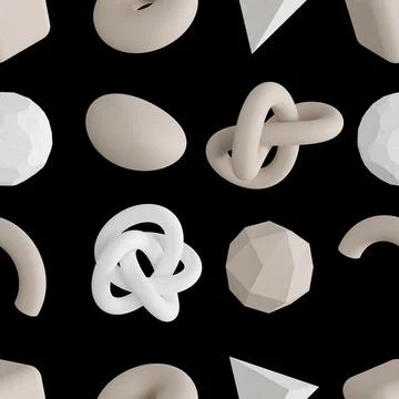 Seamless pattern with abstract beige and white 3D shapes on black background Stock Illustration