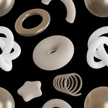 Seamless pattern with abstract beige, white and metallic 3D shapes on black Stock Illustration