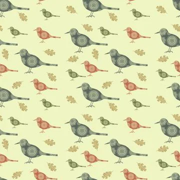 Seamless pattern with abstract birds and oak leaves on a neutral background. Illustrazione stock