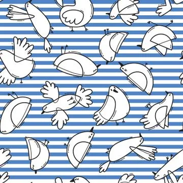 Seamless pattern with abstract birds on striped background. Simple line design Stock Illustration